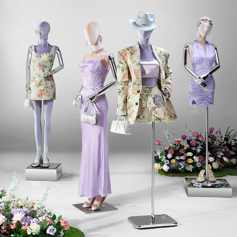 Luxury Female Full Body Half Body Velvet Mannequin, Newest Color for Fashion Boutique Jewelry Wedding store Model Dummy with Silver Arms