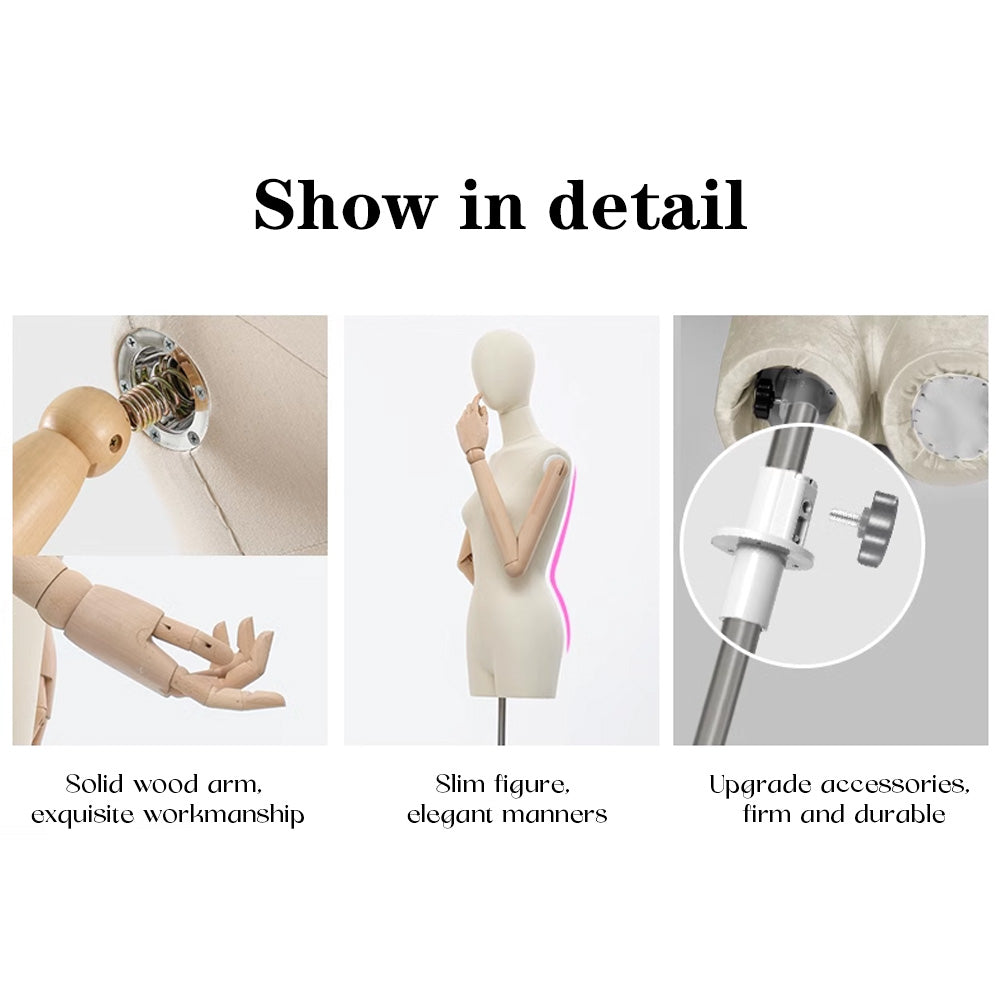 Mannequin en tissu pour femme DE-LIANG, mannequin à épaules plates pour femme adulte avec bras en bois flexibles, forme de robe de fenêtre pour présentation de vêtements