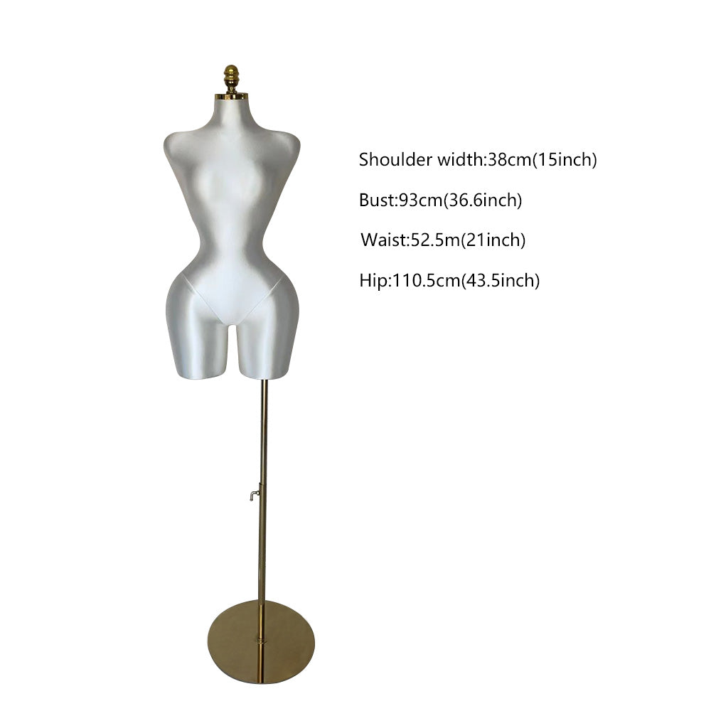 White DE-LIANG Satin Female Mannequin with measurements for shoulder, bust, waist, and hip, ideal for precise garment fitting and display.