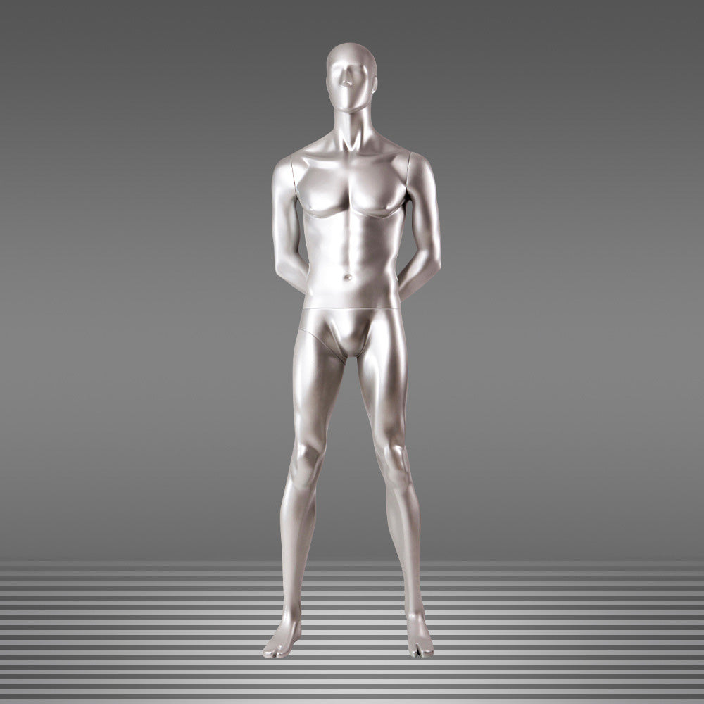 DE-LIANG Male Full Body Mannequins Set | Silver Fiberglass Dress Form Display with Arms | Standing & Sitting Male Mannequin for Clothing Store Window Display