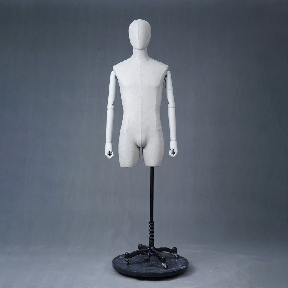 DE-LIANG Male Full & Half Body Mannequin Set | White Fiberglass Dress Form Display with Adjustable Wooden Arms | Standing & Sitting Male Mannequin for Clothing Store Window Display