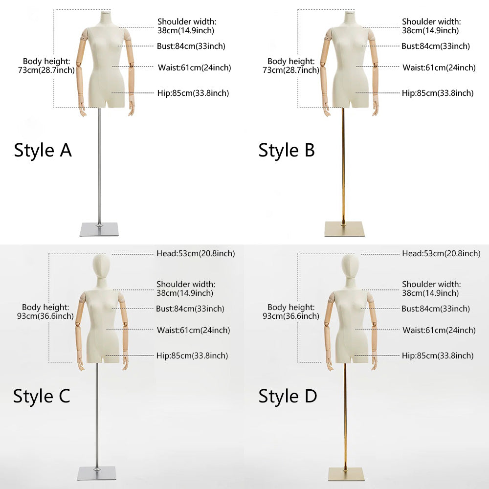 Mannequin en tissu pour femme DE-LIANG, mannequin à épaules plates pour femme adulte avec bras en bois flexibles, forme de robe de fenêtre pour présentation de vêtements