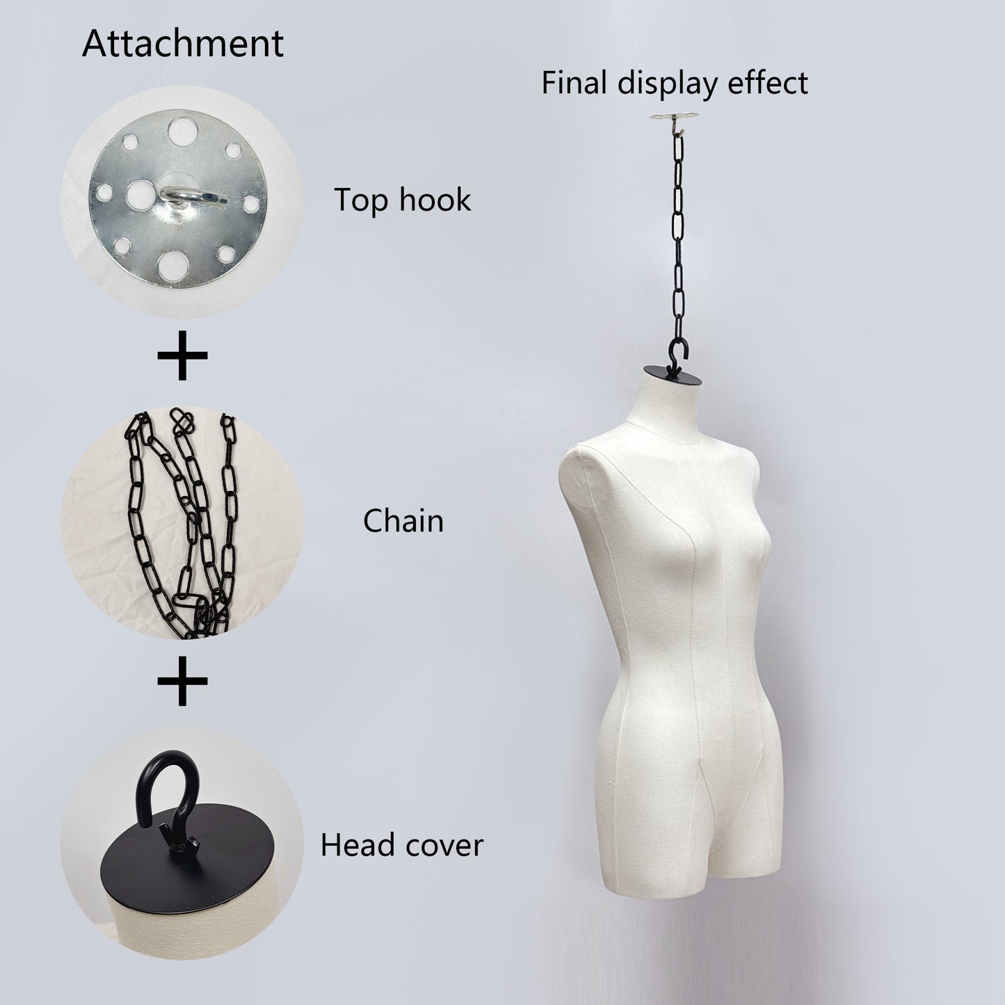 Beige Adult Female Hanging Mannequin, Linen Fabirc Bridal Dress Form,Manikin Model for Wedding Display, Hanging Manneuin With Hook And Chain