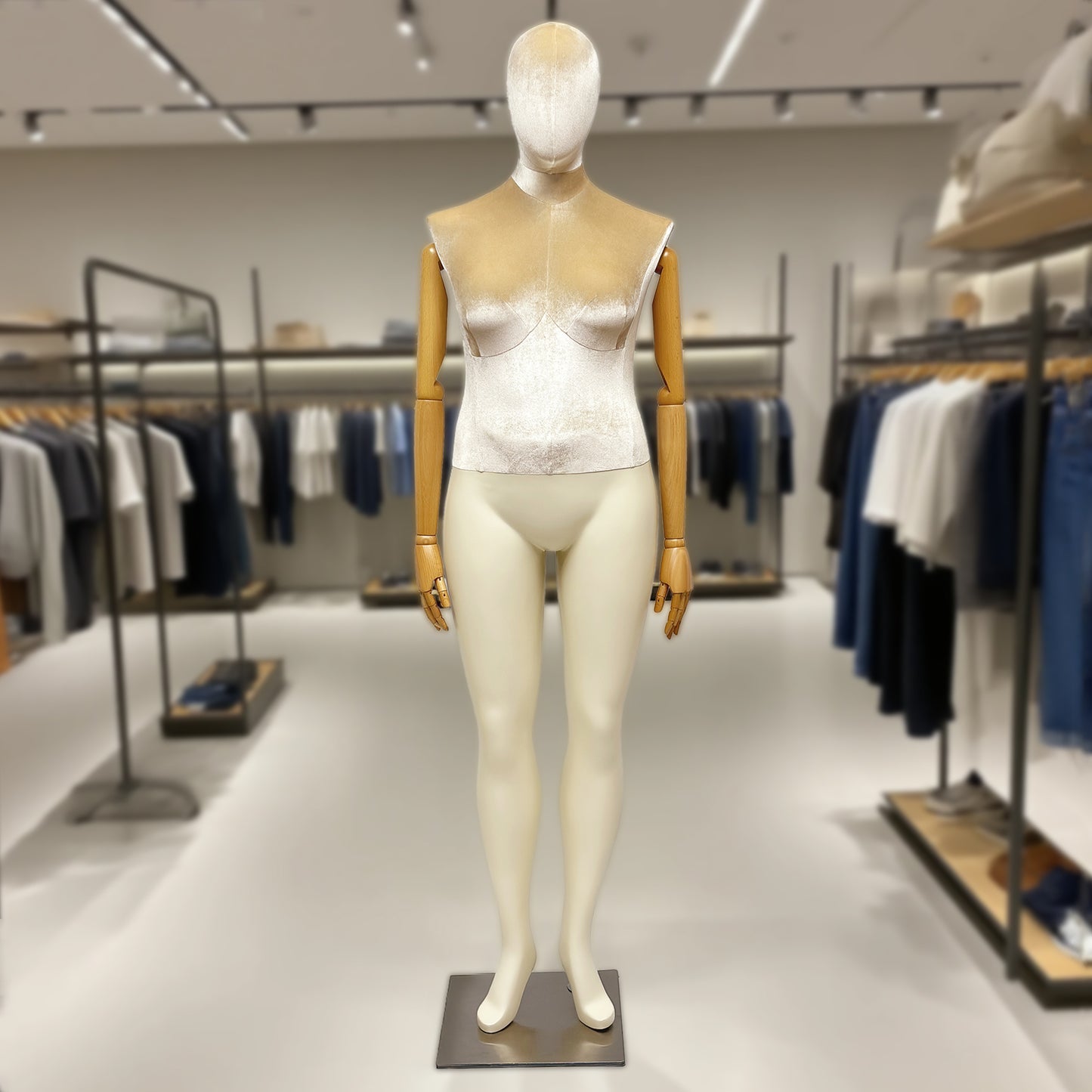 DE-LIANG Elegant Plus Size Female Mannequin with Wood Arms,Upper Velvet Body and Painted Legs,Women Dress Form,Window Display Troso with Silver Base