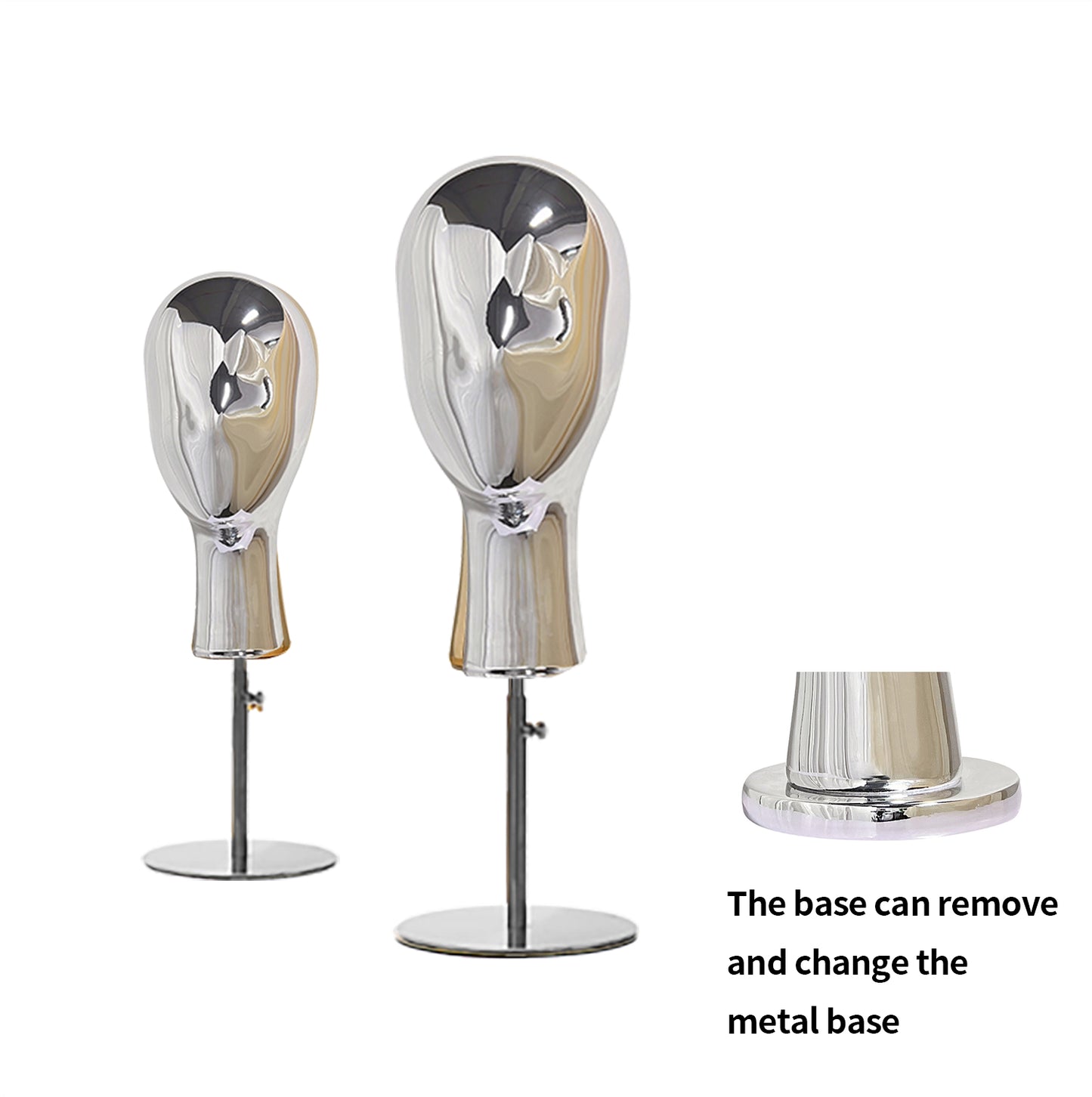 DE-LIANG Gold & Silver Fiberglass Head Mannequin, Chrome 33-40-59cm mannequin head with Detachable Base for Hat Wig Jewelry Display*1pcs