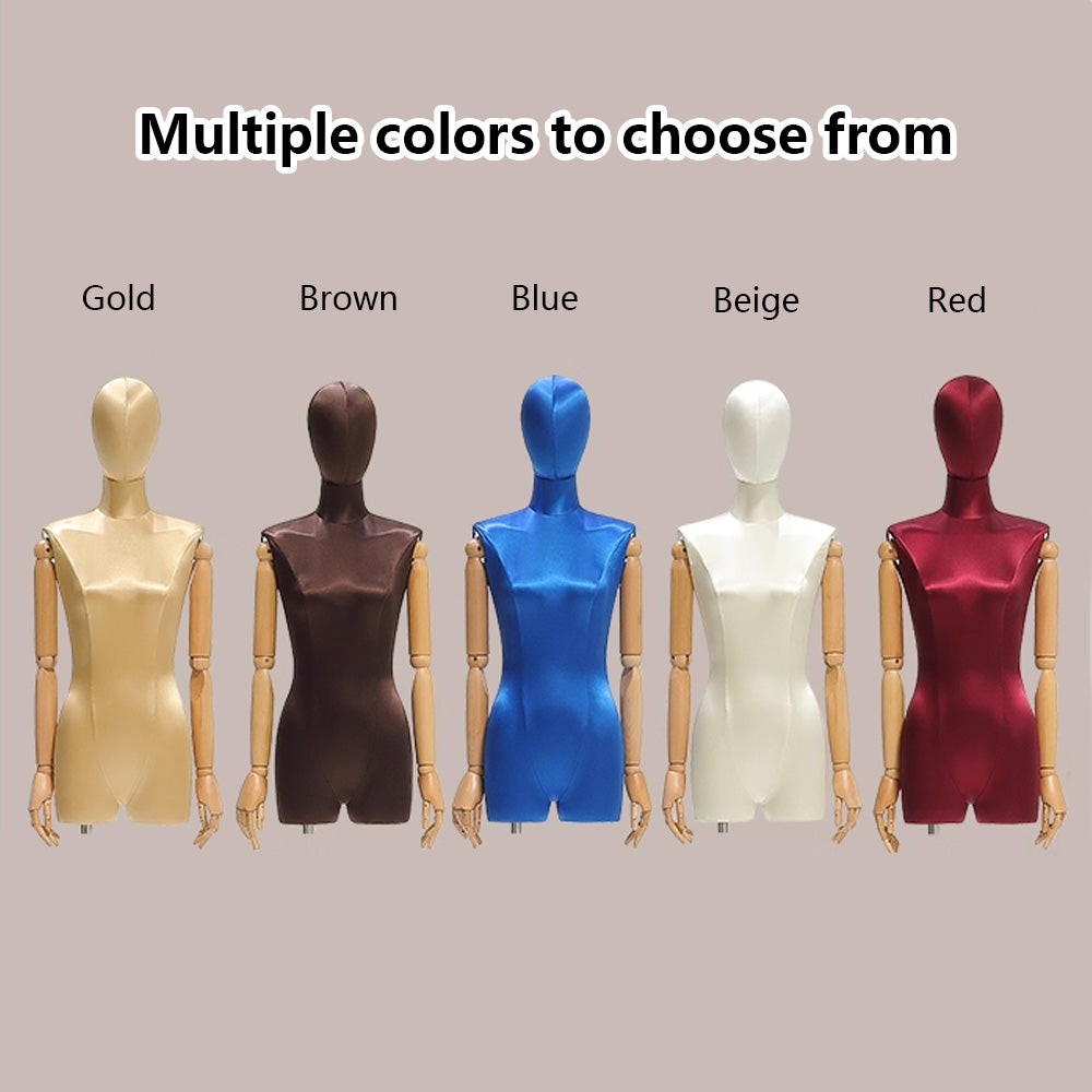 DE-LIANG Maniquí de medio cuerpo femenino, torso de maniquí adulto teñido, maniquí de seda ajustable para mujer, accesorios para modelos de ropa, maniquí de exhibición para dama con brazo de madera