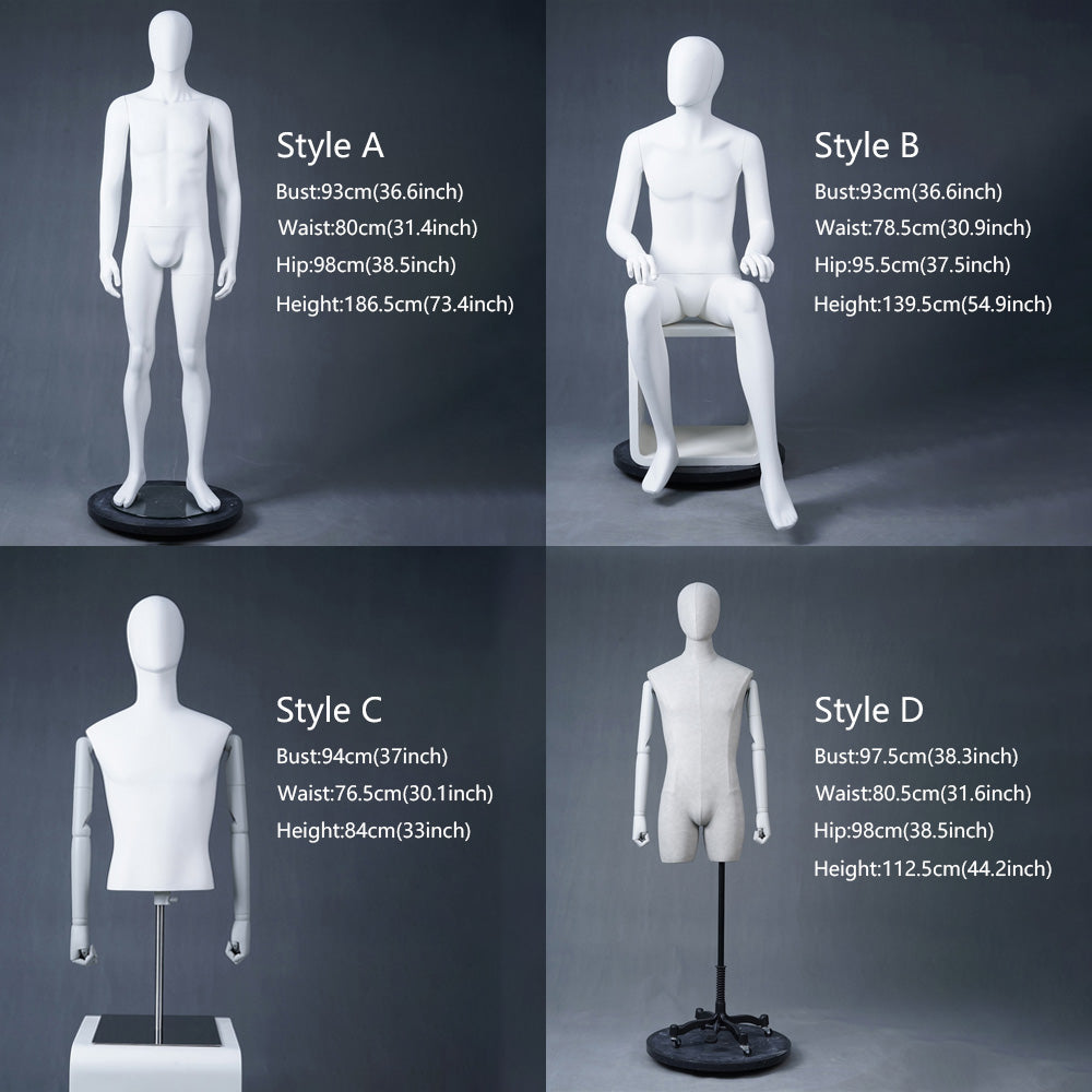 DE-LIANG Male Full & Half Body Mannequin Set | White Fiberglass Dress Form Display with Adjustable Wooden Arms | Standing & Sitting Male Mannequin for Clothing Store Window Display