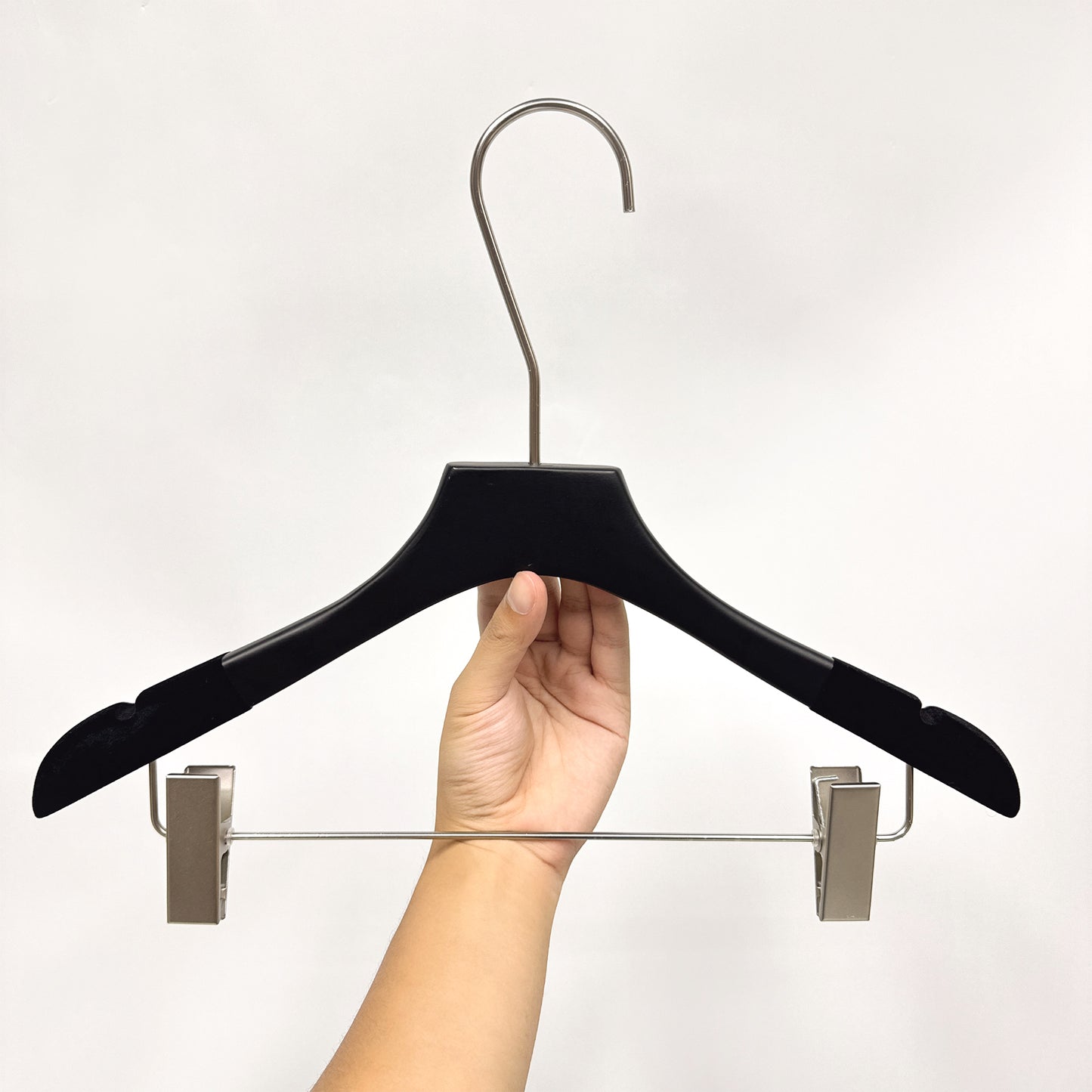 Black Velvet Wooden Clothes Hanger,Solid Wood Coat Jacket, Pants,Suit Hangers with Round Hook, No Logo, Price for 50pcs