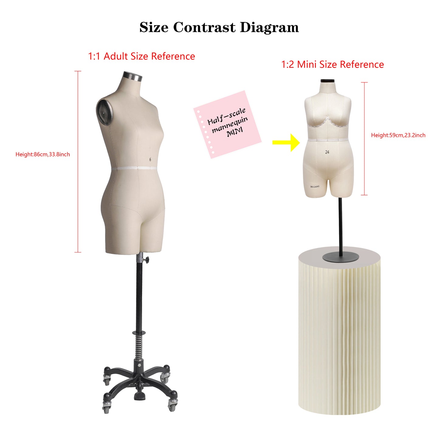 DE-LIANG Half Scale Dress Form,Miniature Sewing Half Size Mannequin,Woman 1:2 Mini Dressmaker Dummy, Female Half Size Tailor Mannequin for Pattern Draping, 1 pcs, Size 24(NOT ADULT FULL SIZE)