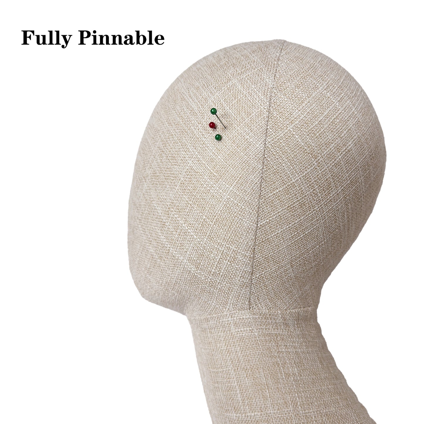 DE-LIANG Long Neck Wall Mount Mannequin Head in Bamboo Linen Fabric, Beige Foam Display Head with Hinge and Screws for Hats Wigs Scarves Jewelry