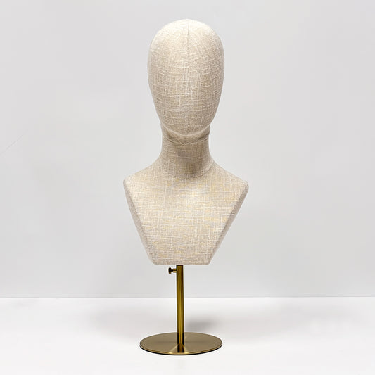 DE-LIANG Fully Pinnable Linen Mannequin Head Form,Bamboo linen Display Manikin Head Stand With Golden Round Base, Detachable Adjustable Heigh Pole