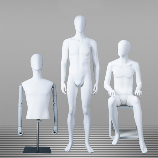 DE-LIANG Male Full & Half Body Mannequin Set | White Fiberglass Dress Form Display with Adjustable Wooden Arms | Standing & Sitting Male Mannequin for Clothing Store Window Display