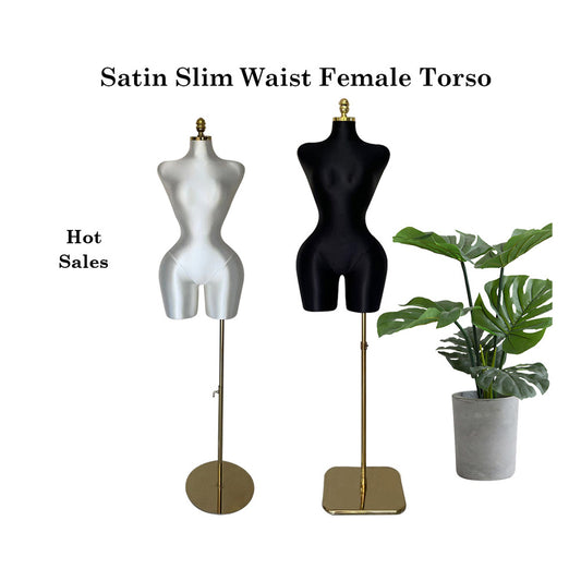 DE-LIANG Satin Mannequin Display in black and white with slim waist and wide shoulders, ideal for boutique dress showcasing on gold stands.
