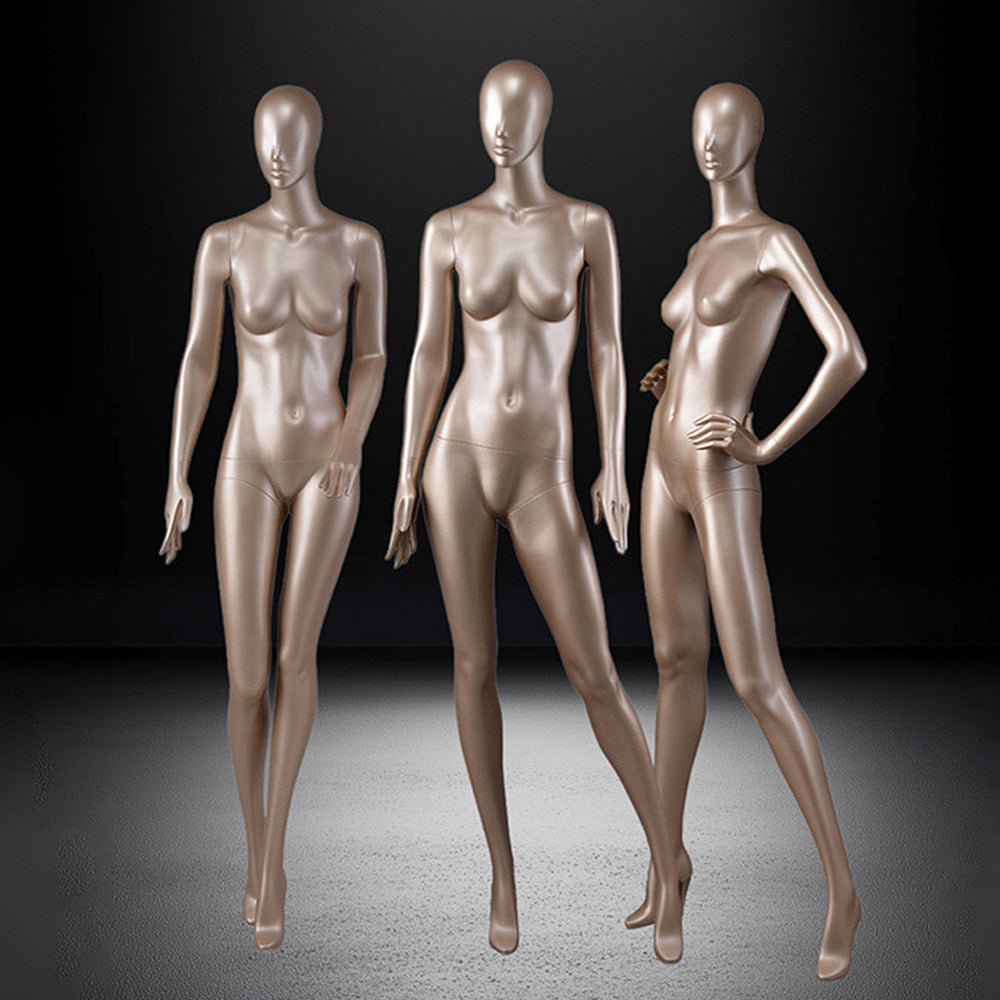 DE-LIANG Glossy Champagne Full Body Female Mannequins with Facial Features– Luxury Fiberglass Dress Form Display Dummy for Boutique Window, Clothing Store & Fashion Showcase