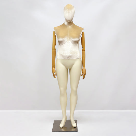 DE-LIANG Elegant Plus Size Female Mannequin with Wood Arms,Upper Velvet Body and Painted Legs,Women Dress Form,Window Display Troso with Silver Base