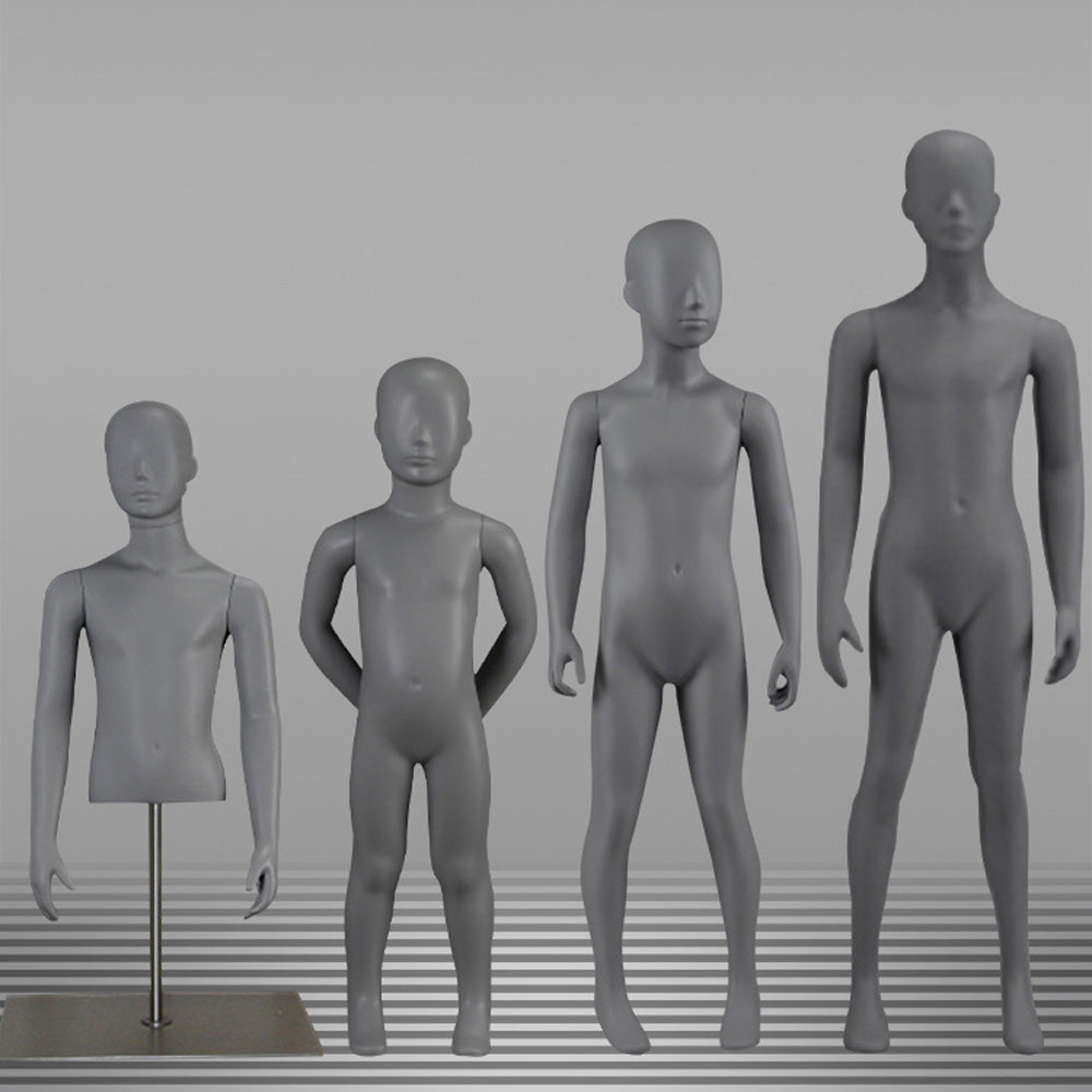 DE-LIANG Grey Kids Full Body Mannequins with Arms and Base – Child Dress Form Torso with Realistic Facial Features, Adjustable Display Dummy for Store Window & Boutique Clothing Display