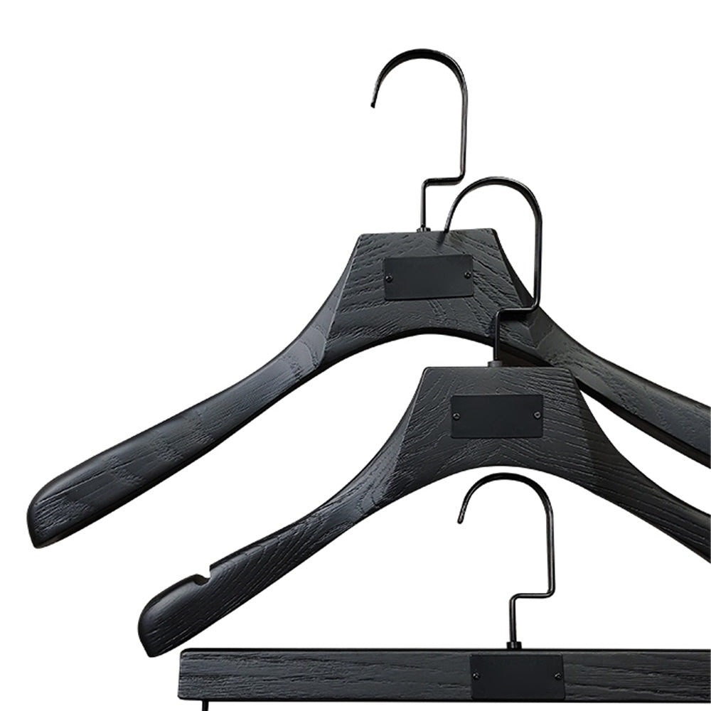 DE-LIANG Black Wooden Hanger With Aluminum Alloy Nameplate,Hand Brush Wood Grain Cloth Clip Pant Hanger,Can Customize Hanger Logo DE-LIANG
