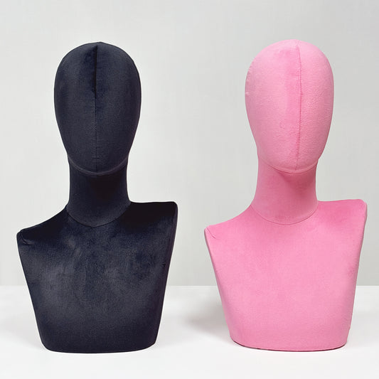 DE-LIANG Suede Mannequin Head Torso Display Stand,Soft Pinnable Foam Wig Head for Hats, Wigs, Jewelry,Accessories | Boutique Window Display Prop | Black / Pink