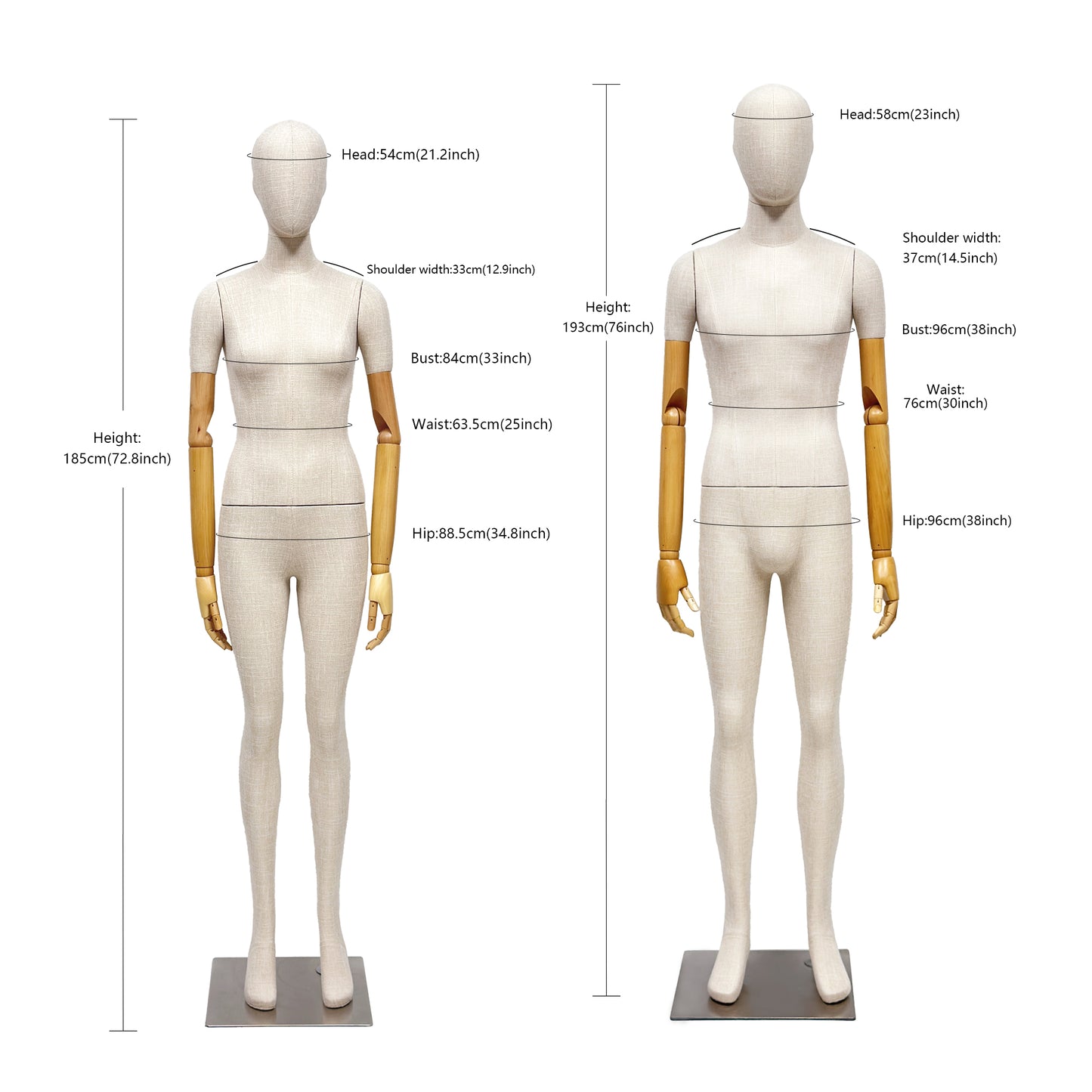 Luxury Female Male Full Body Bamboo Beige Linen Display Mannequin with Fiberglass Short Arms Maniquin Vintage,Jewelry bust display 1 pcs