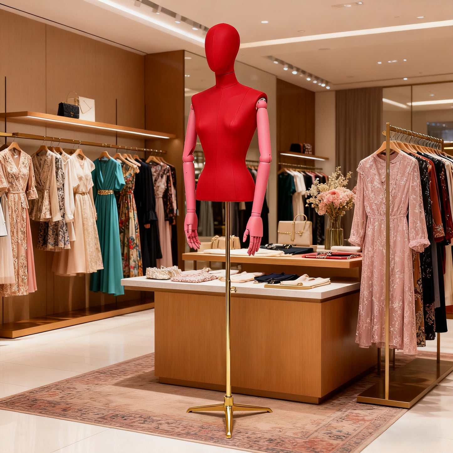 DE-LIANG Leather Female Half Body Mannequin with Arms & Gold Base – Luxury Dress Form Torso, Fiberglass Display Model for Boutique Clothing, Jewelry & Fashion Window Display