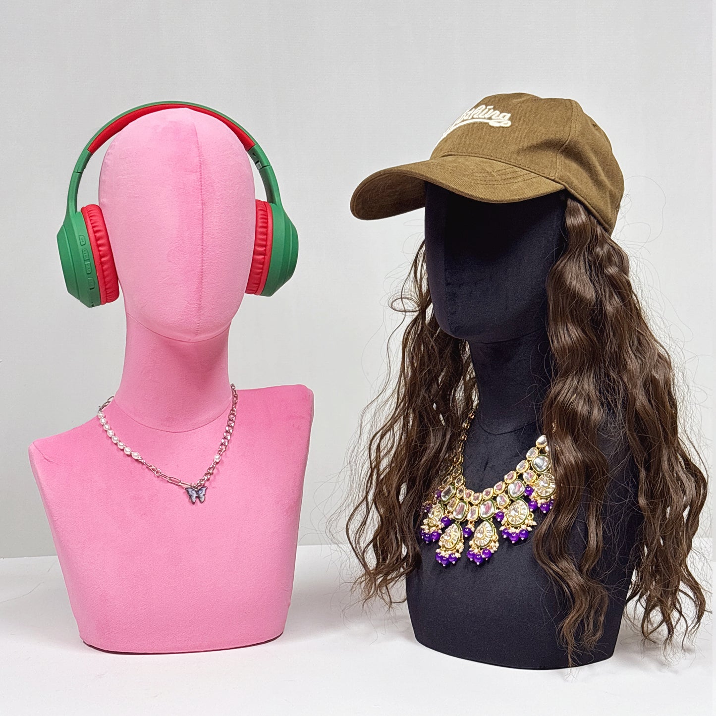 DE-LIANG Suede Mannequin Head Torso Display Stand,Soft Pinnable Foam Wig Head for Hats, Wigs, Jewelry,Accessories | Boutique Window Display Prop | Black / Pink