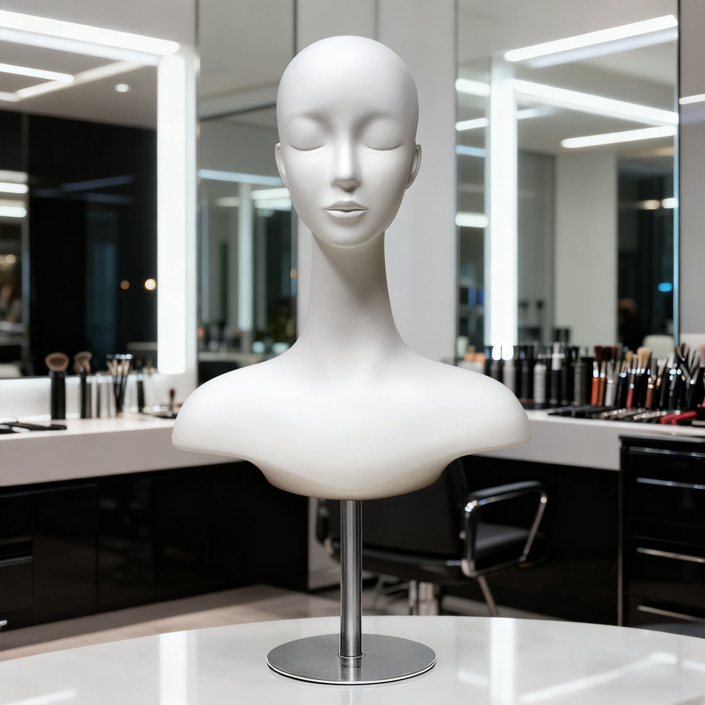 DE-LIANG Luxury Matte White Fiberglass Female Head Mannequin with Optional Metal Base for Jewelry Display Hat Wigs Dsipaly