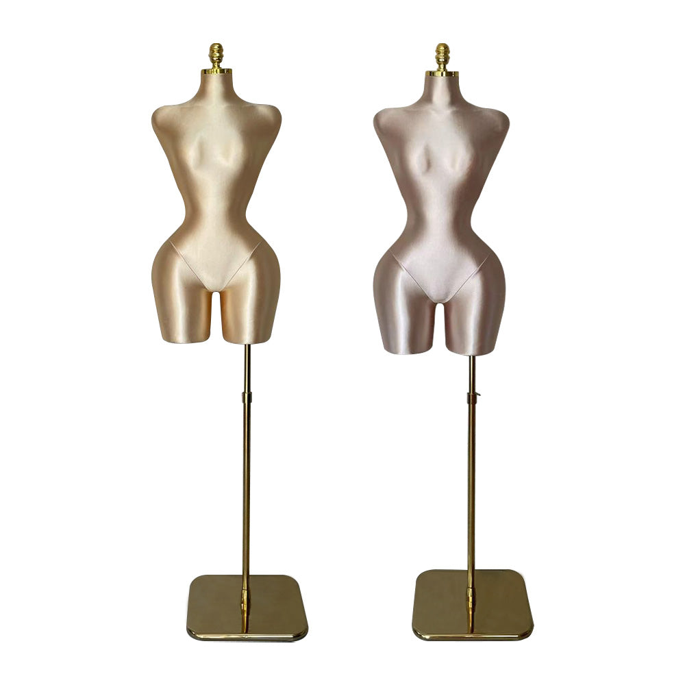 Light gold and pink DE-LIANG Satin Female Mannequins with slim waist and wide hips on gold stands, perfect for elegant clothing displays.