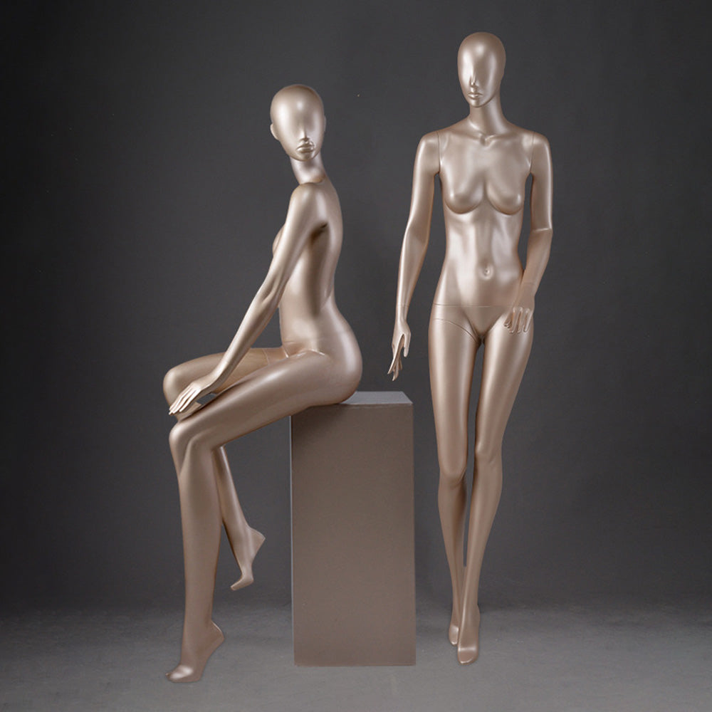 DE-LIANG Glossy Champagne Full Body Female Mannequins with Facial Features– Luxury Fiberglass Dress Form Display Dummy for Boutique Window, Clothing Store & Fashion Showcase
