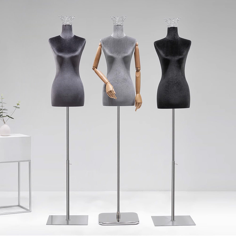 DE-LIANG Mannequin de femme en velours avec tête, mannequin d'affichage réglable avec bras dorés plaqués, forme de robe de torse de femme de couleur rose pour vitrine de vêtements, boutique