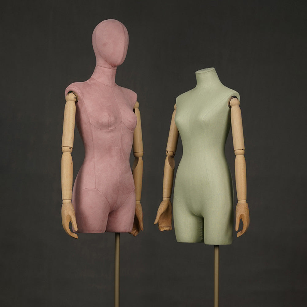 DE-LIANG Female Half Body Mannequin,Linen Fabric Adult Mannequins Torso with Wood Arms