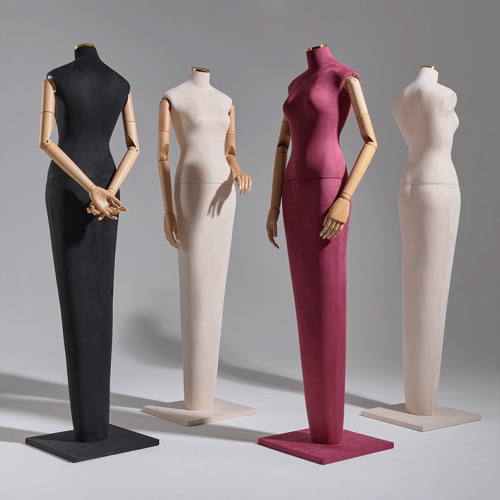 DE-LIANG Luxury Suede Female Mannequin with Articulated Wooden Arms - Modern Tapered Column Base for High-End Boutique & Couture Display