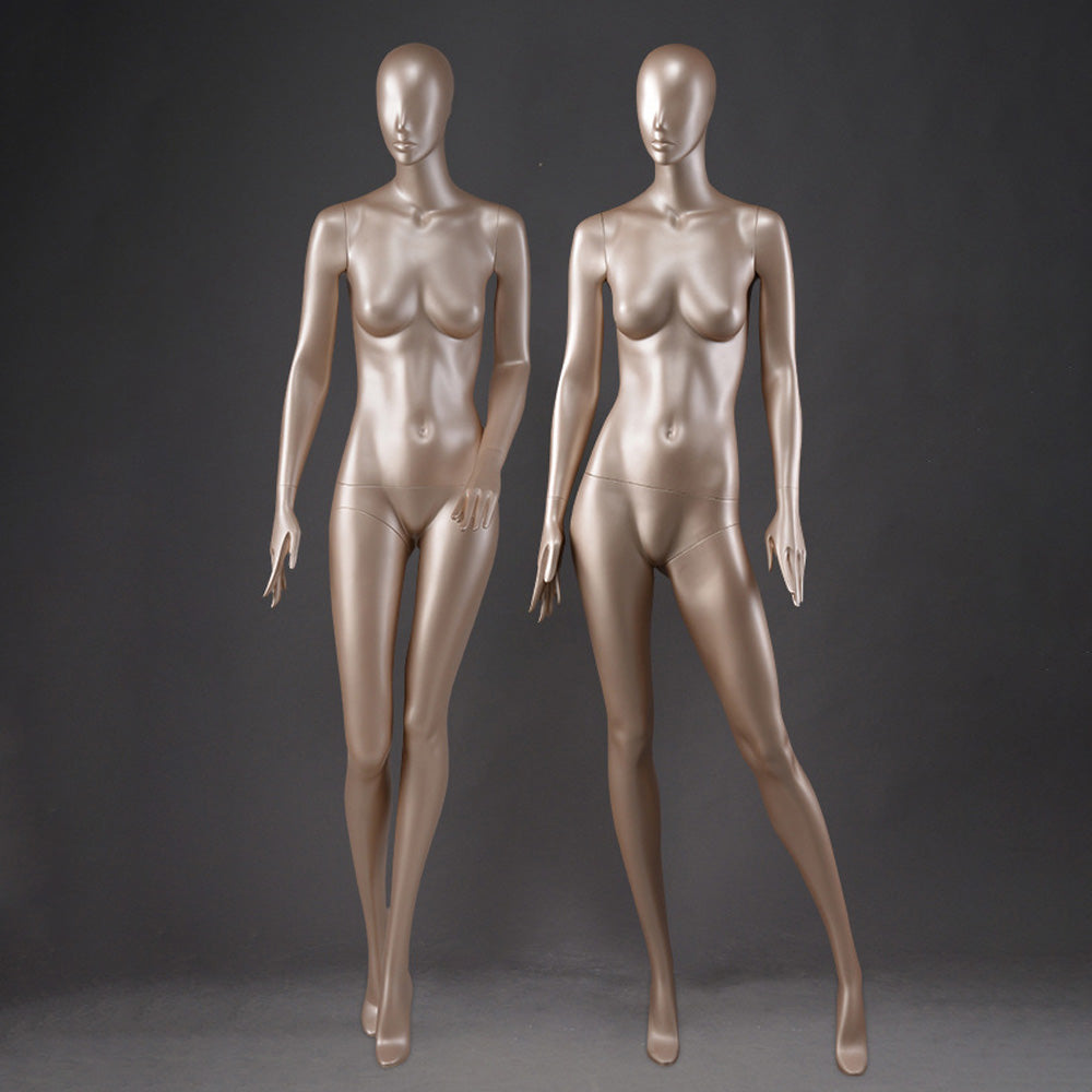 DE-LIANG Glossy Champagne Full Body Female Mannequins with Facial Features– Luxury Fiberglass Dress Form Display Dummy for Boutique Window, Clothing Store & Fashion Showcase