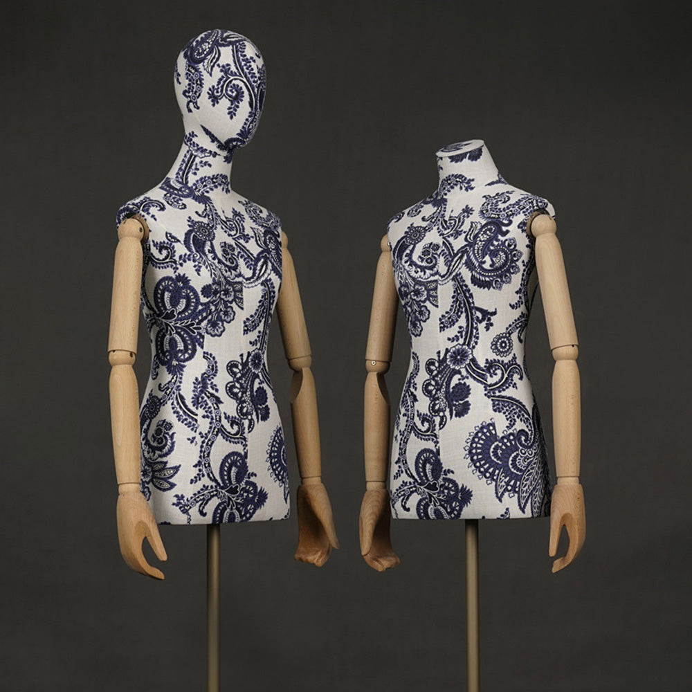 DE-LIANG Female Half Body Mannequin,Linen Fabric Adult Mannequins Torso with Wood Arms