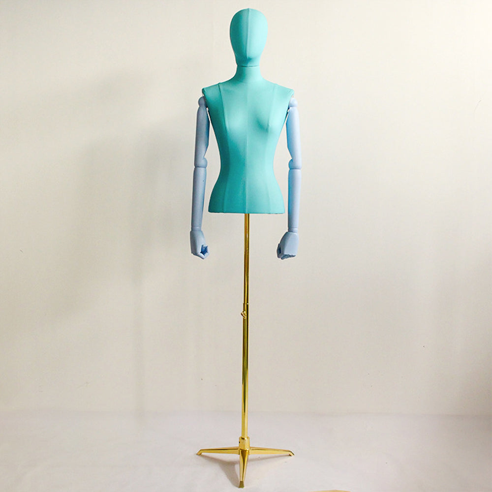 DE-LIANG Leather Female Half Body Mannequin with Arms & Gold Base – Luxury Dress Form Torso, Fiberglass Display Model for Boutique Clothing, Jewelry & Fashion Window Display