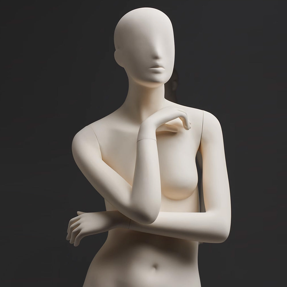 DE-LIANG Face Female Full Body Mannequin,Beige Color Display Fiberglass Dress Form with Torso Display, Modern Posing Mannequin for Fashion Boutiques & Window Displays DL0169