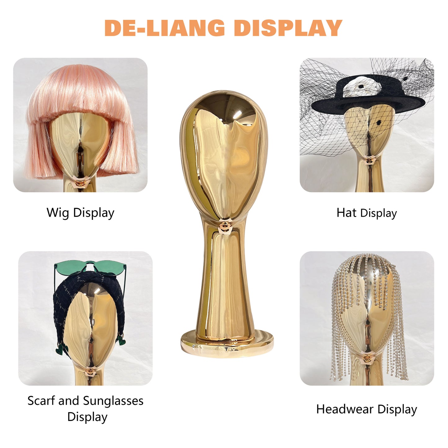 DE-LIANG Gold & Silver Fiberglass Head Mannequin, Chrome 33-40-59cm mannequin head with Detachable Base for Hat Wig Jewelry Display*1pcs