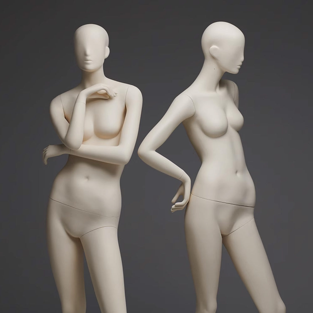 DE-LIANG Face Female Full Body Mannequin,Beige Color Display Fiberglass Dress Form with Torso Display, Modern Posing Mannequin for Fashion Boutiques & Window Displays DL0169