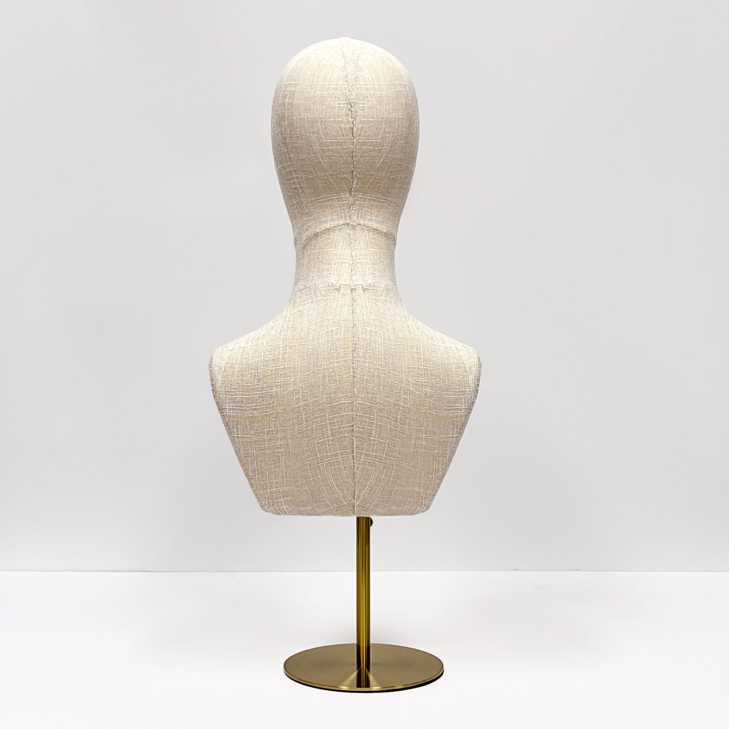 DE-LIANG Fully Pinnable Linen Mannequin Head Form,Bamboo linen Display Manikin Head Stand With Golden Round Base, Detachable Adjustable Heigh Pole