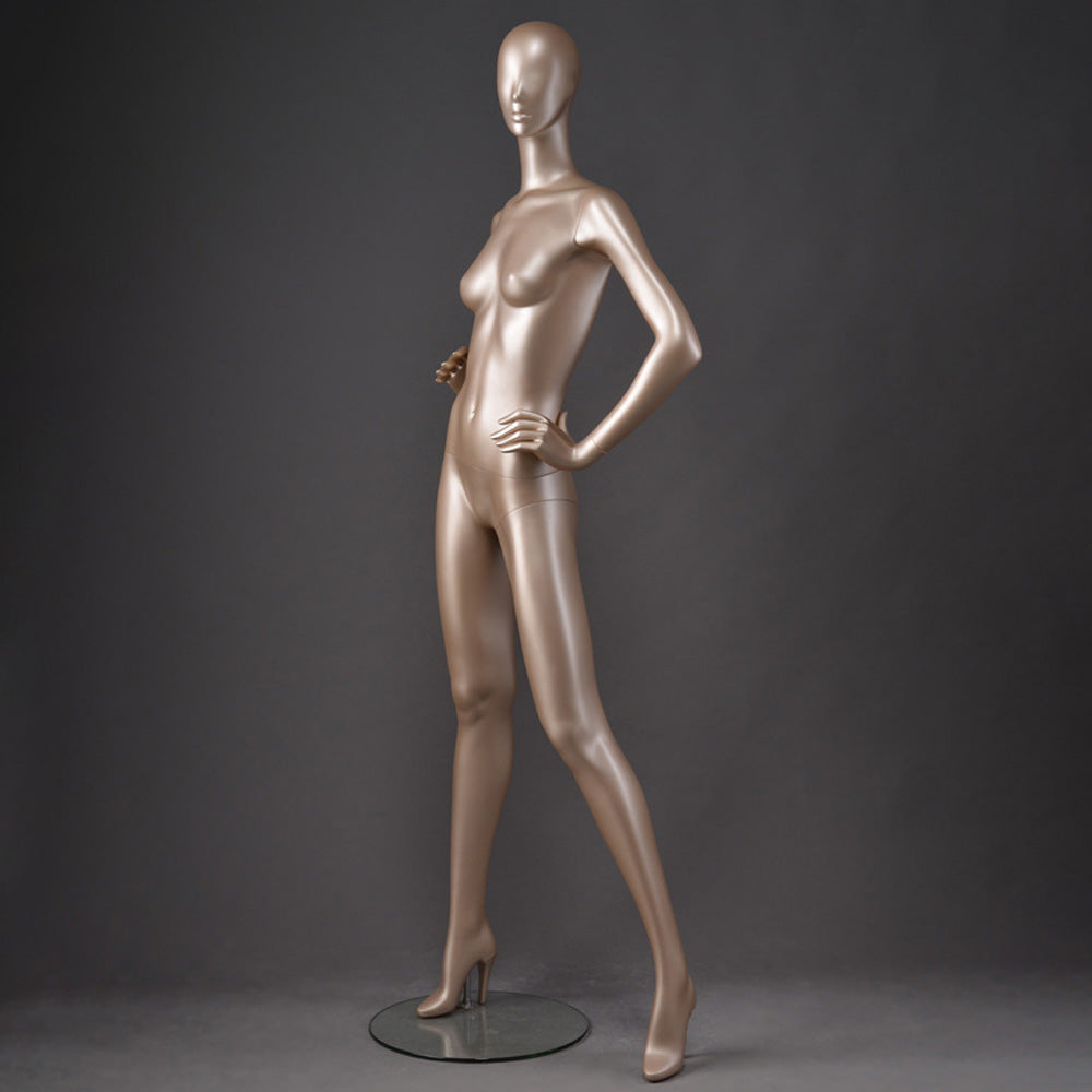 DE-LIANG Glossy Champagne Full Body Female Mannequins with Facial Features– Luxury Fiberglass Dress Form Display Dummy for Boutique Window, Clothing Store & Fashion Showcase