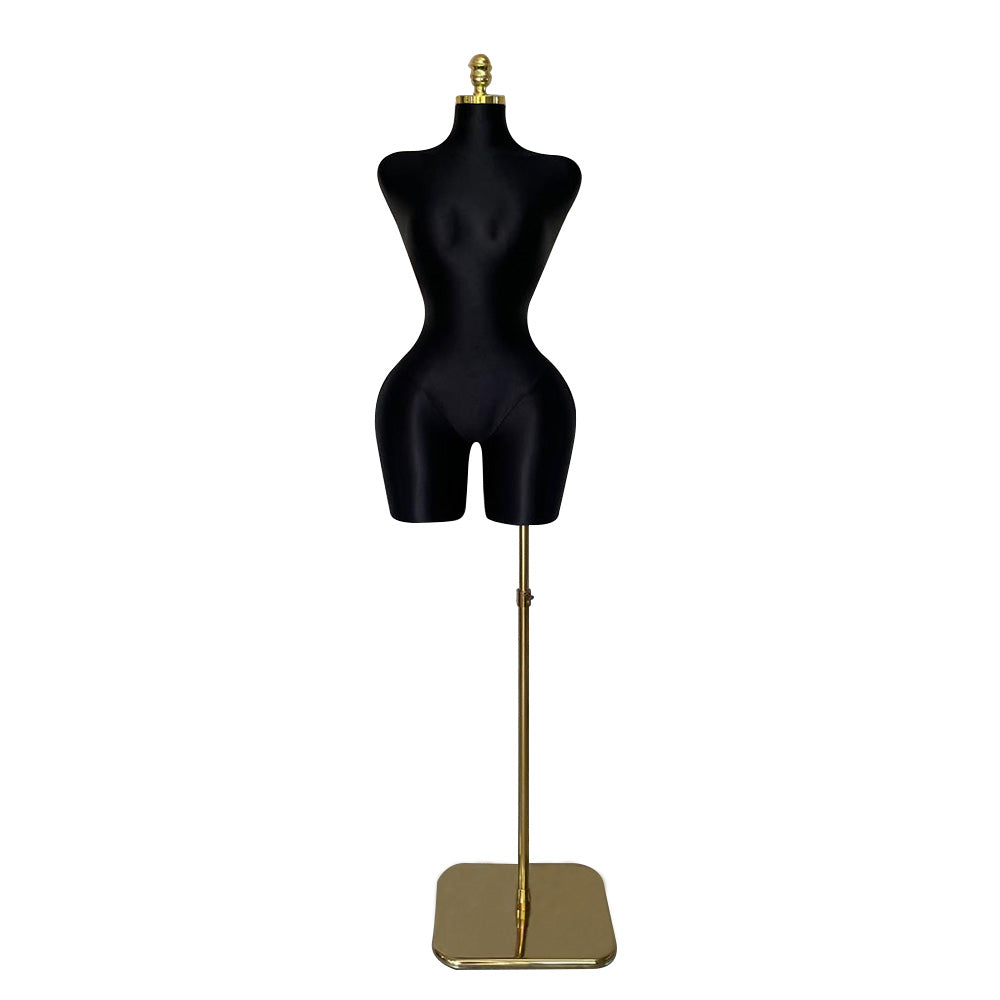 Black DE-LIANG Satin Female Half Body Mannequin with short legs and gold stand, perfect for elegant fashion displays in retail settings.