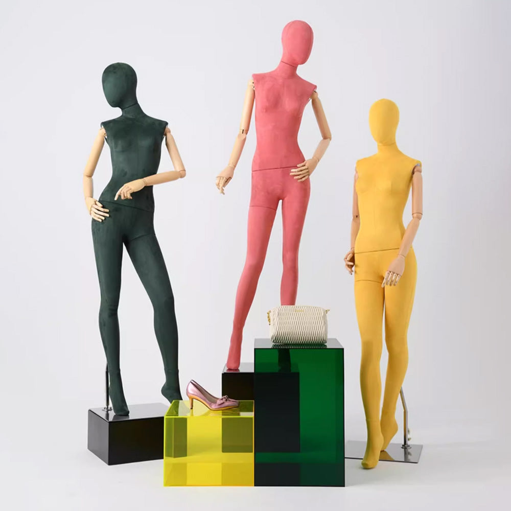 DE-LIANG Suede Female Full Body Mannequin with Wooden Arms,Coloful Fabric Dress Form Display Model for Clothing Stores