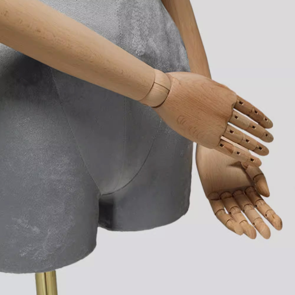 DE-LIANG Female Half Body Mannequin with Head & Wooden Arms,Velvet Fabric Cloth Display Torso,Female Dummy,Silver Square Base for Clothing Store & Window Display DL0170