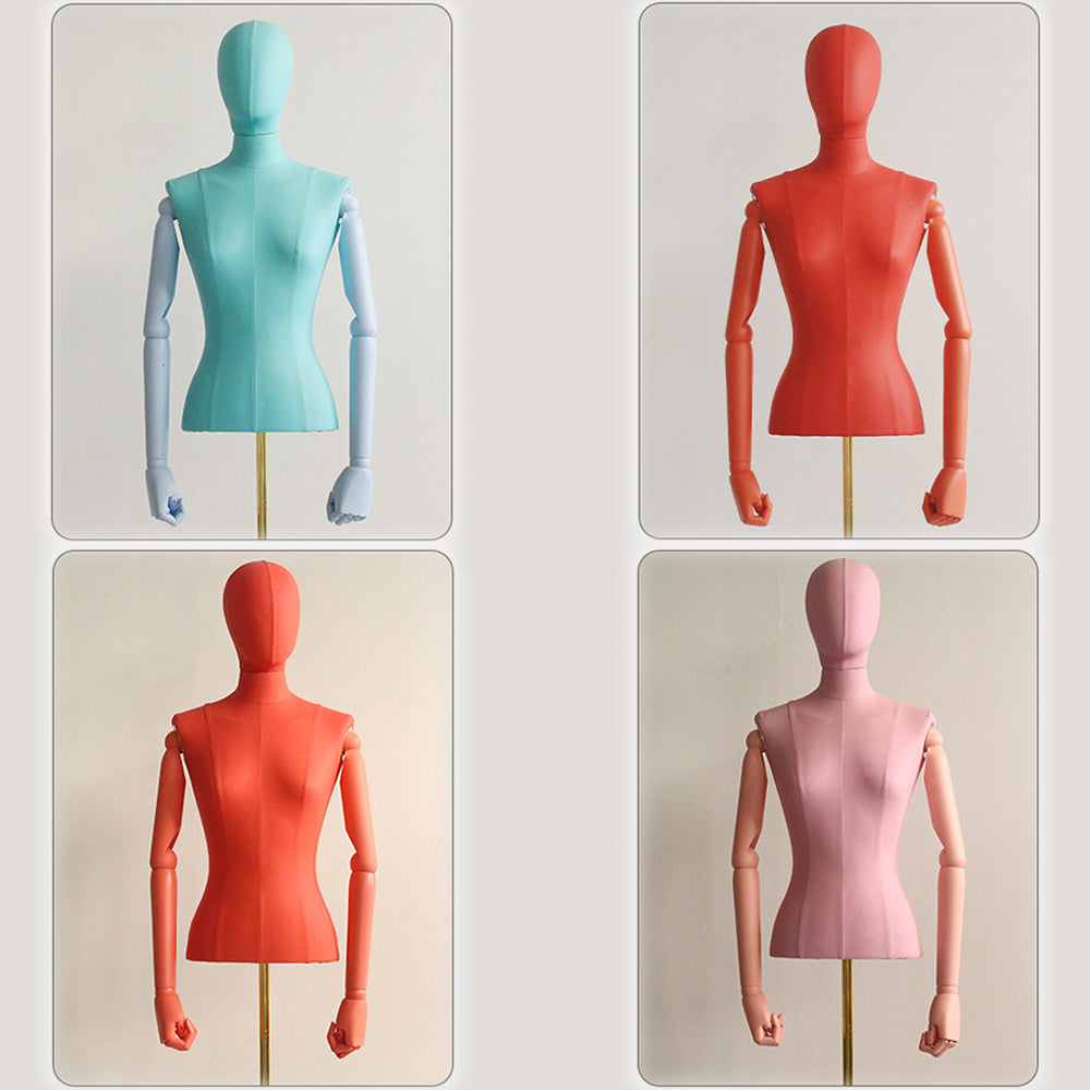DE-LIANG Leather Female Half Body Mannequin with Arms & Gold Base – Luxury Dress Form Torso, Fiberglass Display Model for Boutique Clothing, Jewelry & Fashion Window Display