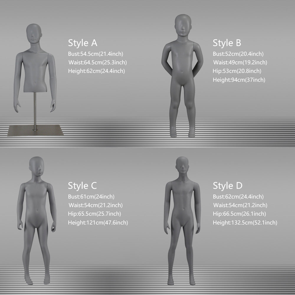 DE-LIANG Grey Kids Full Body Mannequins with Arms and Base – Child Dress Form Torso with Realistic Facial Features, Adjustable Display Dummy for Store Window & Boutique Clothing Display