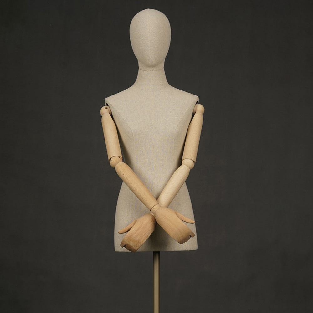 DE-LIANG Female Half Body Mannequin,Linen Fabric Adult Mannequins Torso with Wood Arms