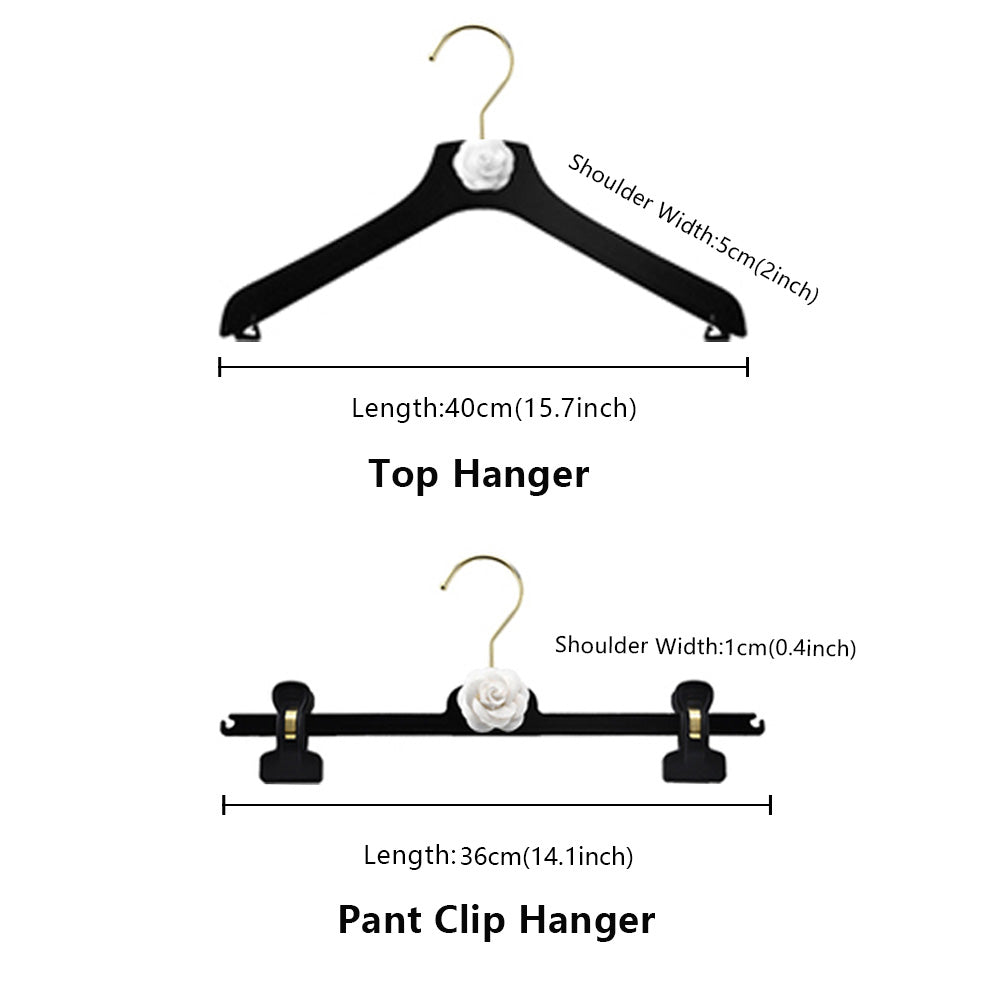 DE-LIANG Luxury Black Velvet Hanger, Clothing Hanger with Camellia, Clothing Display Rack, Bottom Clip Pant clothing hanger Non-slip,Bridal