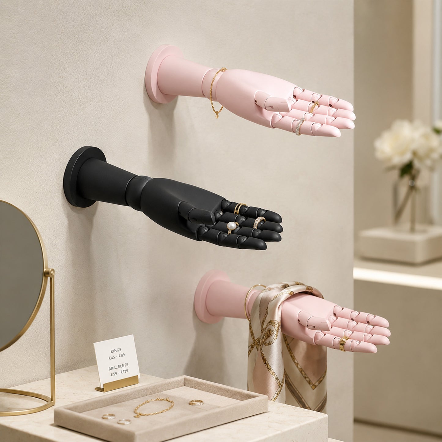 DE-LIANG 2-in-1 Solid Wood Articulated Mannequin Hand for Jewelry & Scarf Display
