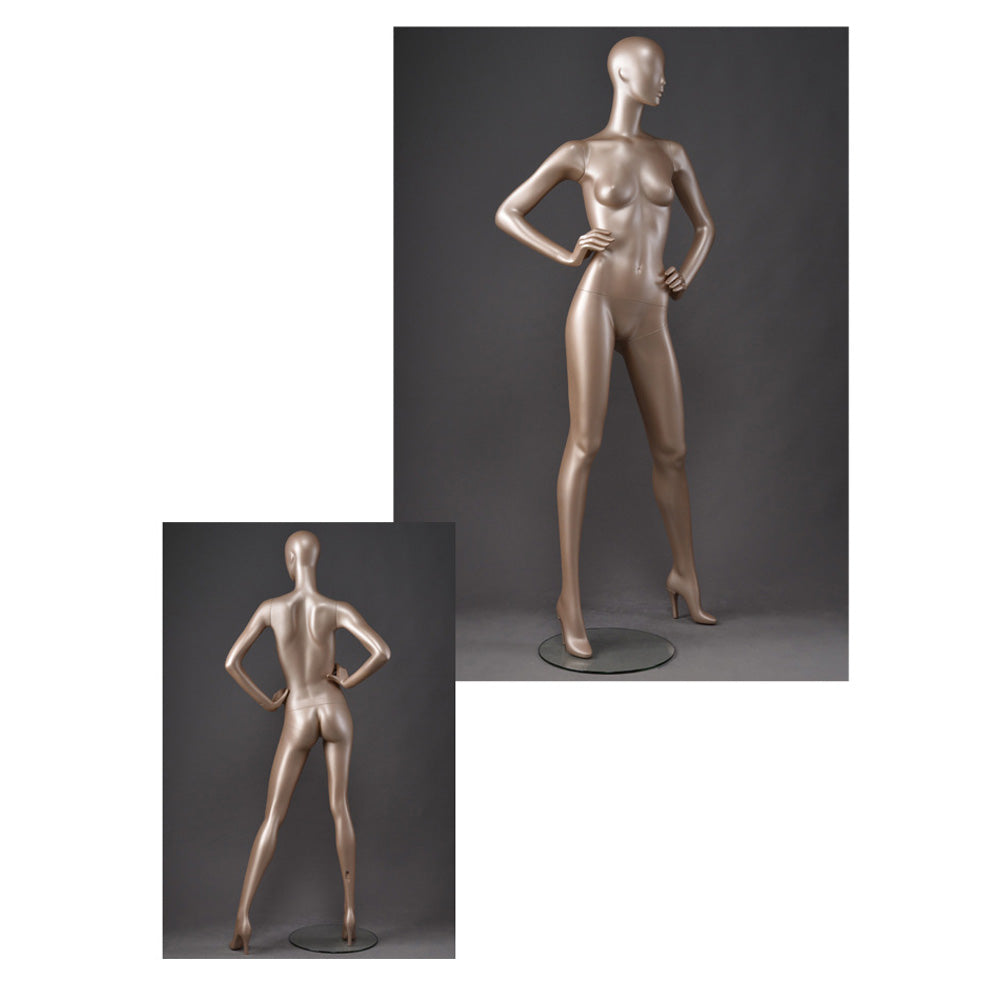 DE-LIANG Glossy Champagne Full Body Female Mannequins with Facial Features– Luxury Fiberglass Dress Form Display Dummy for Boutique Window, Clothing Store & Fashion Showcase