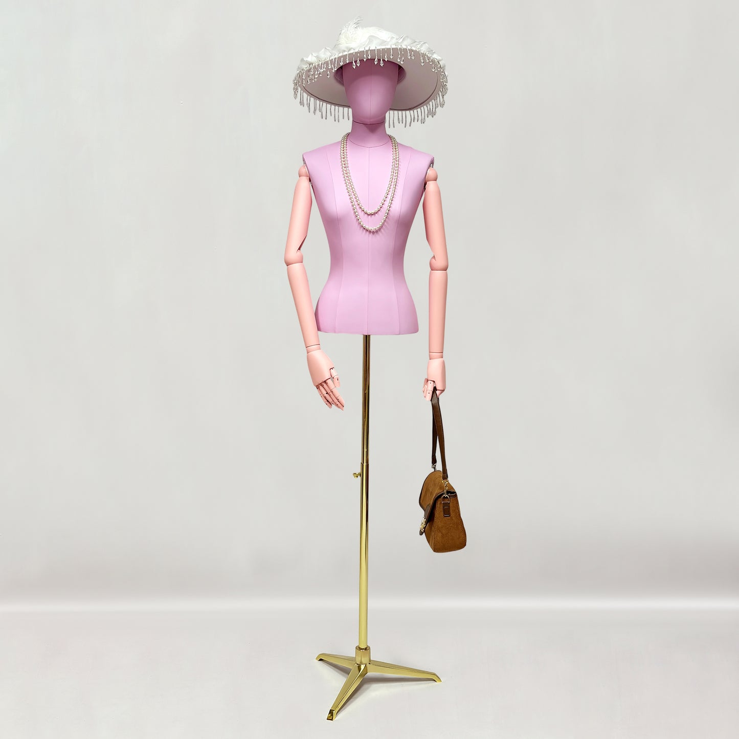 DE-LIANG Lilac Leather Female Half Body Mannequin with Arms & Gold Base – Luxury Dress Form Torso, Fiberglass Display Model for Boutique Clothing, Jewelry & Fashion Window Display