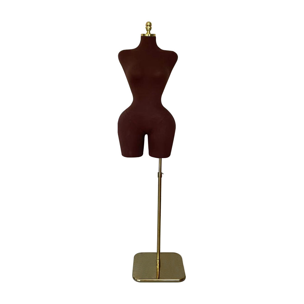 Brown DE-LIANG Satin Female Half Body Mannequin with gold stand, showcasing a curvy silhouette for premium fashion presentation.